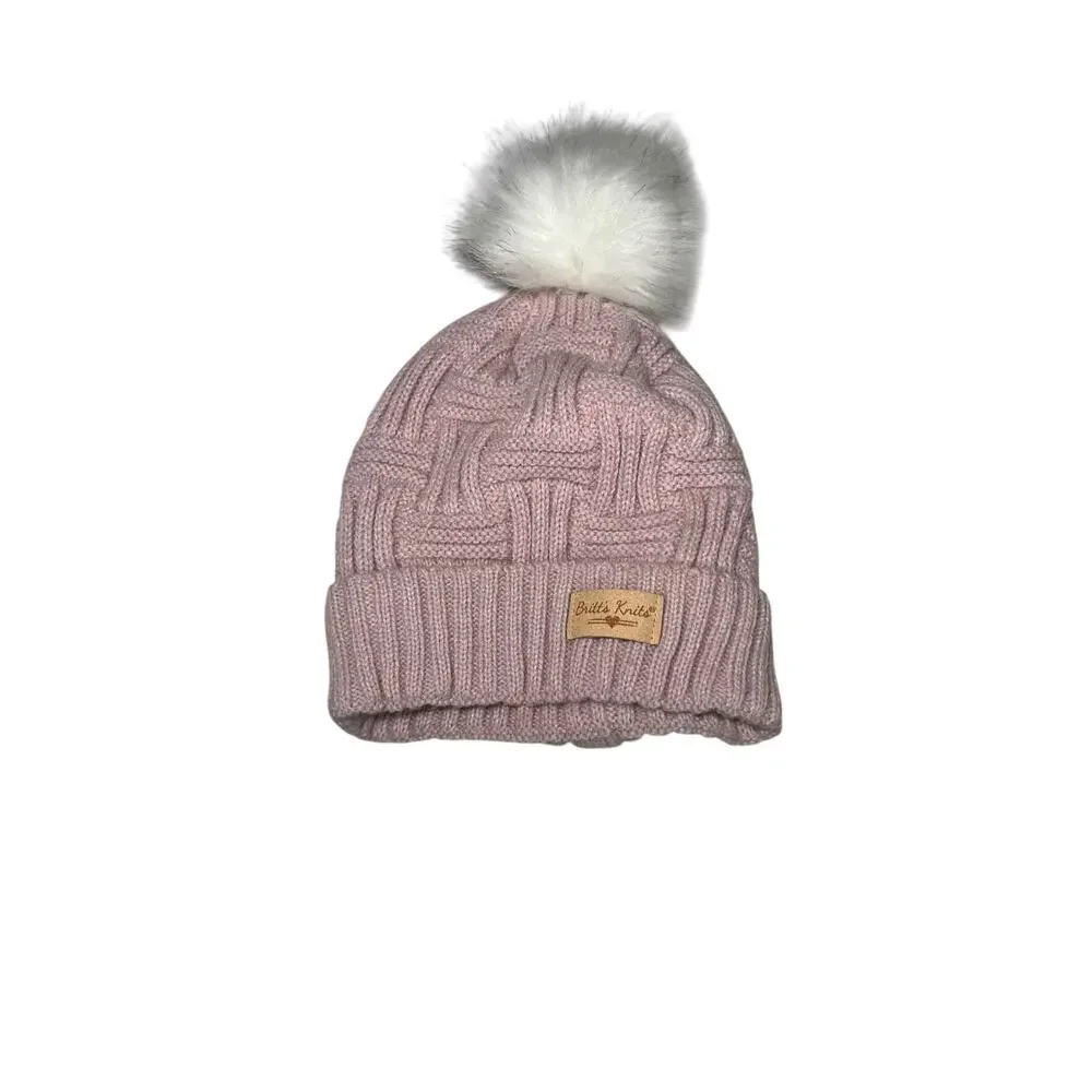 Britt's Knit's Girl's OS Lined Pink Pom Pom Winter Crochet Beanie Hat Ball Cap